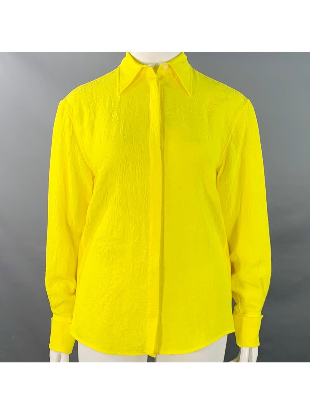 PROENZA SCHOULER L Neon Yellow Wrinkled Acetate Hidden Placket Long Sleeve Shirt
